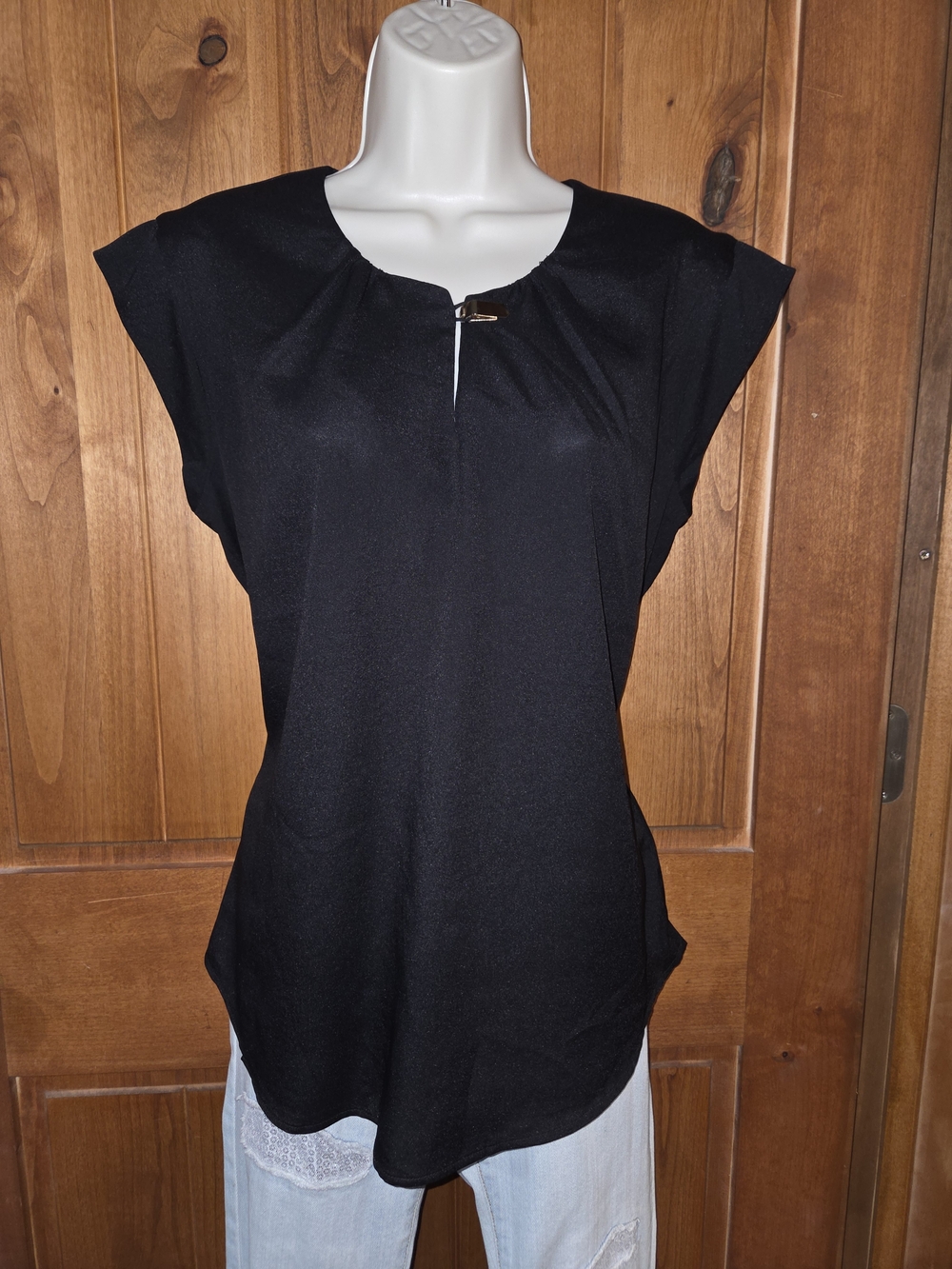 The Limited Black Cap Sleeve Blouse with Front Clasp